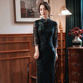 3/4 Sleeve Mesh Panel Qipao Dress