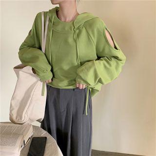 Cutout Shoulder Plain Hooded Sweatshirt