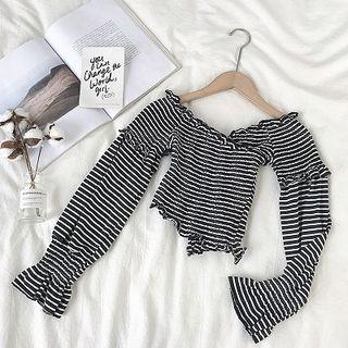 Off-shoulder Striped Slim-fit Long-sleeve Top