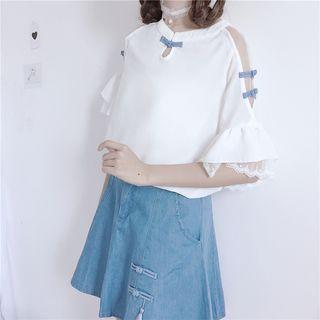 Elbow-sleeve Frog-button Chiffon Blouse / Denim A-line Skirt