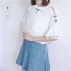 Elbow-sleeve Frog-button Chiffon Blouse / Denim A-line Skirt