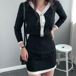 Set: Contrast-trim V-neck Cardigan + Mini A-line Knit Skirt Black - One Size