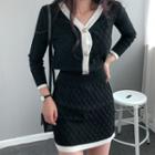 Set: Contrast-trim V-neck Cardigan + Mini A-line Knit Skirt Black - One Size