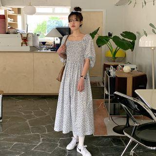 Smocked Floral Long Dress With Hair Scrunchy
