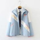 Color Block Lettering Cartoon Embroidered Jacket Blue - One Size
