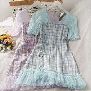 Mesh-panel Plaid A-line Dress