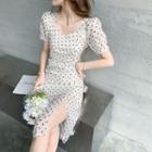 Short-sleeve Square-neck Dotted Chiffon Dress