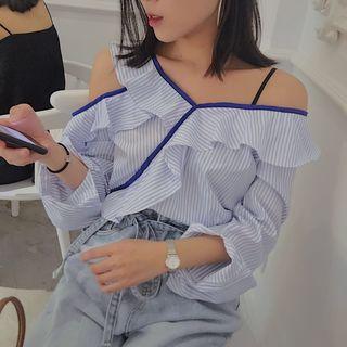 Frilled Open Shoulder Long-sleeve Blouse