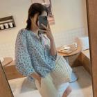 Open-placket 3/4-sleeve Floral Print Blouse Sky Blue - One Size