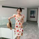 Fruit Print Bow-accent Puff-sleeve Slim-fit Dress