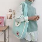 Cartoon Embroidered Fleece Tote Bag Apple - Mint Blue - One Size