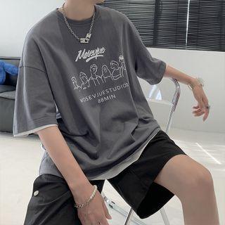 Cartoon Print Elbow Sleeve Oversized Tee