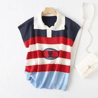 Embroidered Striped Polo Top