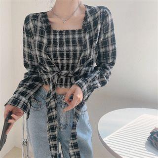 Plaid Cropped Camisole Top / Tie-strap Cropped Shirt