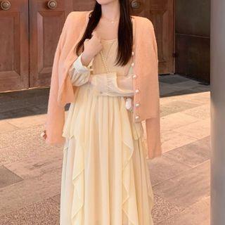 Spaghetti Strap Ruffled Midi A-line Dress / Cardigan