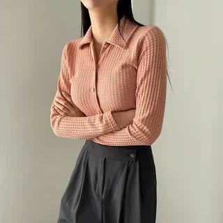 Collared Cropped Waffle-knit Cardigan
