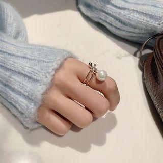 Knot Rhinestone Faux Pearl Open Ring White Faux Pearl - Gold - One Size