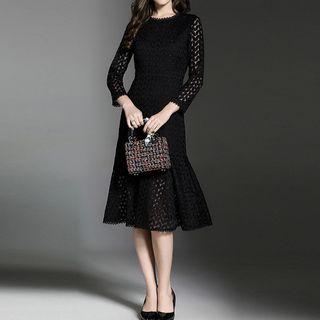 3/4-sleeve Lace-panel A-line Midi Dress