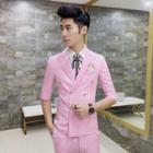 Set : Double-breasted Elbow-sleeve Blazer + Pants