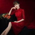 Elbow-sleeve Mandarin Collar Midi Prom Dress