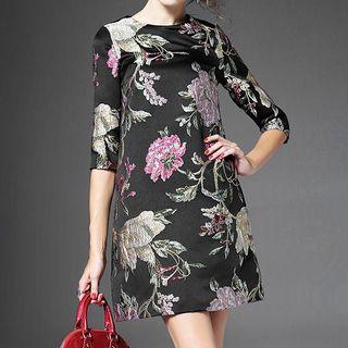 3/4-sleeve Floral Embroidered Dress