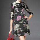 3/4-sleeve Floral Embroidered Dress