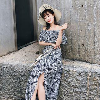 Leaf Print Off-shoulder Slit Maxi Sundress