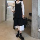 Plain Shirt / Mock Two-piece Midi A-line Pinafore Dress