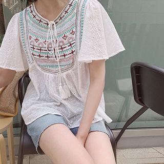 Tassel-detail Embroidered-panel Top White - One Size