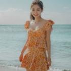 Set: Floral Print Frill Trim Tankini Top + Swim Skirt
