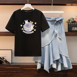 Short-sleeve Graphic Print T-shirt / Tie-waist Asymmetrical Denim Midi Mermaid Skirt / Set
