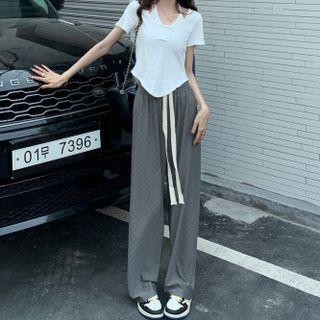 Short-sleeve Panel Halter Plain Round Hem Top / Elastic Waist Plain Loose Fit Pants