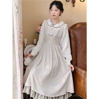 Puff-sleeve Floral Embroidered Midi A-line Layered Dress