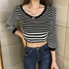 Long-sleeve Cropped Striped Knit Top Stripe - One Size