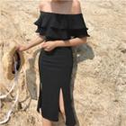 Short-sleeve Ruffle Off-shoulder Slim-fit Sheath Dress