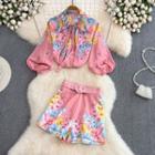 Set: Tie Neck Floral Shirt + Wide Leg Shorts