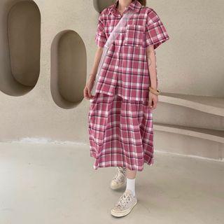 Plaid Short-sleeve Shirt / A-line Midi Skirt