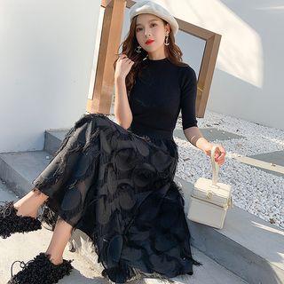 Elbow-sleeve Knit Top / A-line Midi Skirt