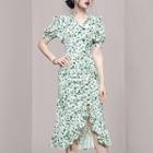 Puff-sleeve Asymmetrical Floral Print Ruffled Bodycon Dress
