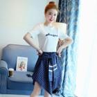 Set: Short-sleeve Lettering T-shirt + Plaid Irregular Mini Skirt