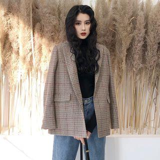 Turtleneck Long-sleeve T-shirt / Plaid Open Front Blazer