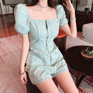 Square-neck Short-sleeve Denim Playsuit