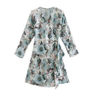 V-neck Tie-waist Floral A-line Dress