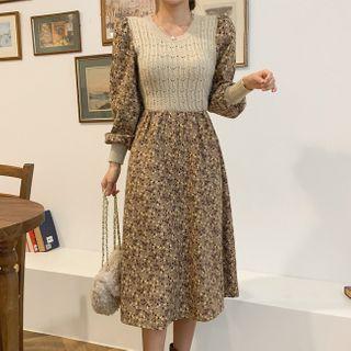 Knit-panel Floral Print Dress Beige - One Size
