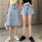 High-waist Washed Denim Shorts / Midi Skirt