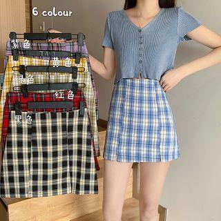 Slit-front Plaid Mini Pencil Skirt