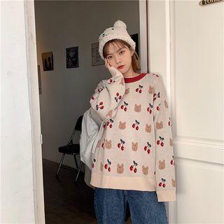 Bear And Cherry Printed Sweater As Shown In Figure - One Size