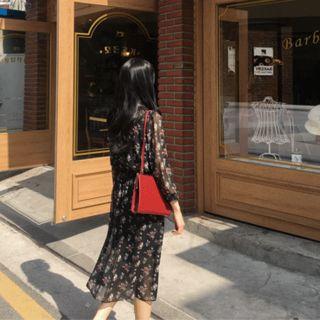 Puff-sleeve Floral Chiffon Long Shirtdress