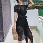 Set: Lace Panel Short-sleeve Swimsuit + Lace Cover-up