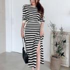 Long-sleeve Striped Slit Knit Midi A-line Dress